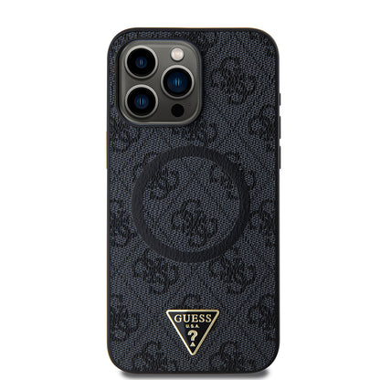 iPhone 15 Pro Max Kılıf Guess Orjinal Lisanslı M-safe Şarj Özellikli PU Üçgen Logo 4G Desenli Kılıf