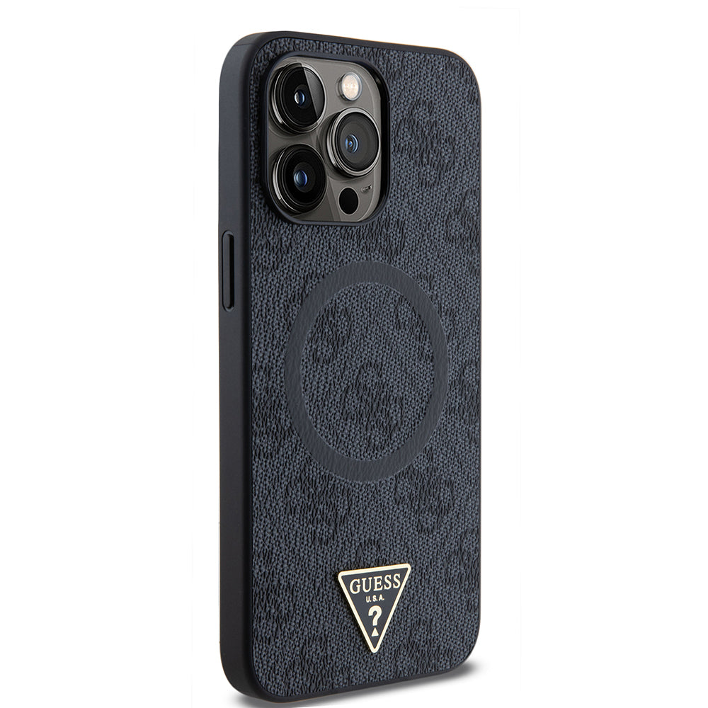 iPhone 15 Pro Max Kılıf Guess Orjinal Lisanslı M-safe Şarj Özellikli PU Üçgen Logo 4G Desenli Kılıf
