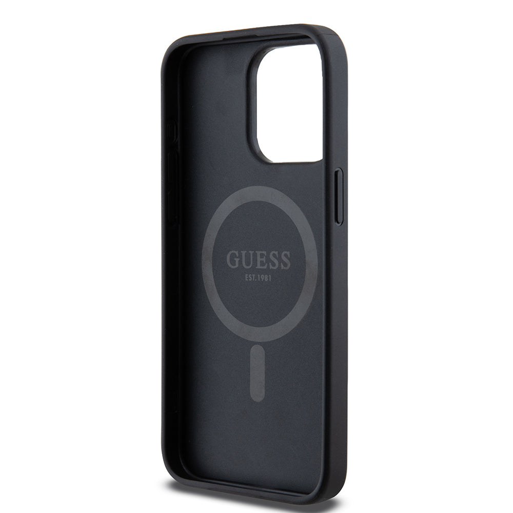 Apple iPhone 15 Pro Max Kılıf Guess Orjinal Lisanslı Magsafe Şarj Özellikli PU Üçgen Logo 4G Desenli Kapak Pembe