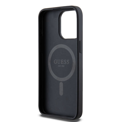 Apple iPhone 15 Pro Max Kılıf Guess Orjinal Lisanslı Magsafe Şarj Özellikli PU Üçgen Logo 4G Desenli Kapak Siyah