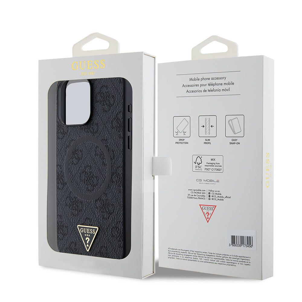 iPhone 15 Pro Max Kılıf Guess Orjinal Lisanslı M-safe Şarj Özellikli PU Üçgen Logo 4G Desenli Kılıf