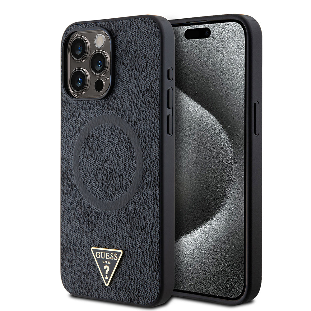 iPhone 15 Pro Max Kılıf Guess Orjinal Lisanslı M-safe Şarj Özellikli PU Üçgen Logo 4G Desenli Kılıf