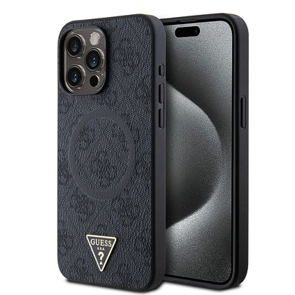iPhone 15 Pro Max Kılıf Guess Orjinal Lisanslı M-safe Şarj Özellikli PU Üçgen Logo 4G Desenli Kılıf