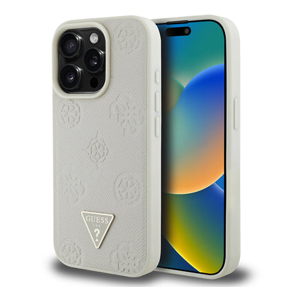 iPhone 15 Pro Max Kılıf Guess Orjinal Lisanslı M-safe Şarj Özellikli Sıcak Baskılı Üçgen Logolu PU Deri Peony Kılıf