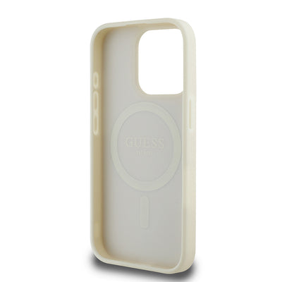 Apple iPhone 15 Pro Max Kılıf Guess Orjinal Lisanslı M-safe Şarj Özellikli Sıcak Baskılı Üçgen Logolu PU Deri Peony Kapak Pembe