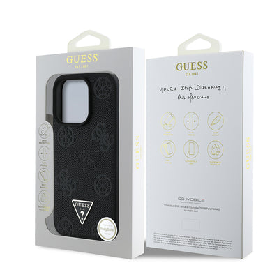 Apple iPhone 15 Pro Max Kılıf Guess Orjinal Lisanslı M-safe Şarj Özellikli Sıcak Baskılı Üçgen Logolu PU Deri Peony Kapak Kahverengi