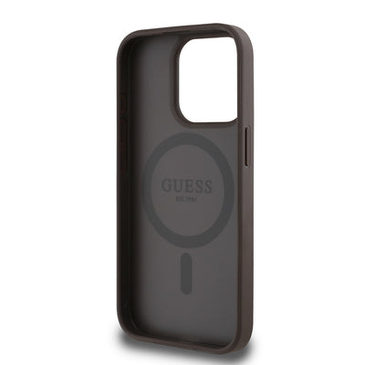 Apple iPhone 15 Pro Max Kılıf Guess Orjinal Lisanslı M-safe Şarj Özellikli Sıcak Baskılı Üçgen Logolu PU Deri Peony Kapak Bej
