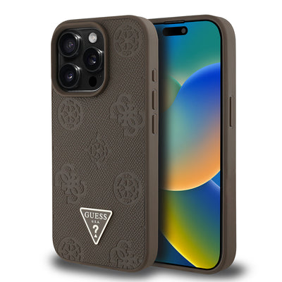 Apple iPhone 15 Pro Max Kılıf Guess Orjinal Lisanslı M-safe Şarj Özellikli Sıcak Baskılı Üçgen Logolu PU Deri Peony Kapak Pembe