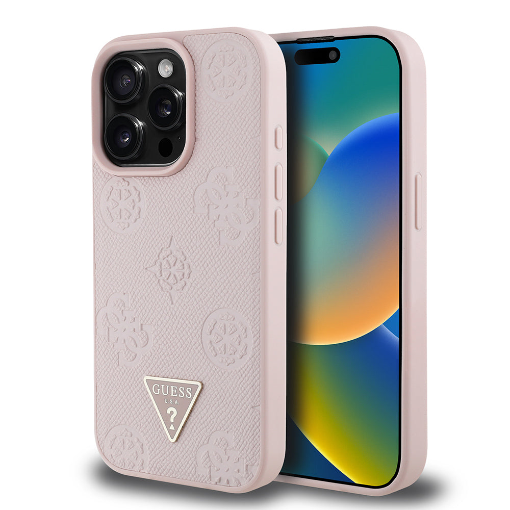 Apple iPhone 15 Pro Max Kılıf Guess Orjinal Lisanslı M-safe Şarj Özellikli Sıcak Baskılı Üçgen Logolu PU Deri Peony Kapak Pembe