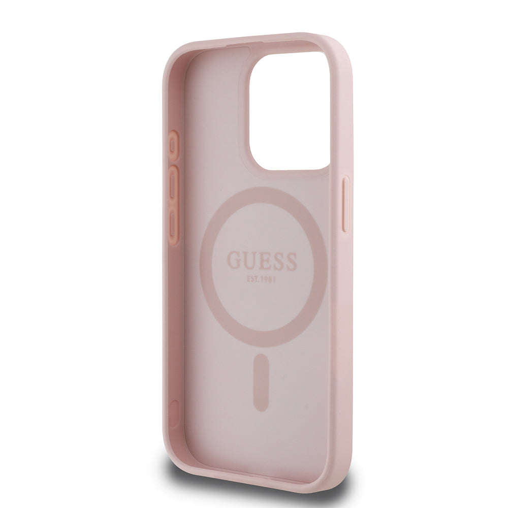 iPhone 15 Pro Max Kılıf Guess Orjinal Lisanslı M-safe Şarj Özellikli Sıcak Baskılı Üçgen Logolu PU Deri Peony Kılıf