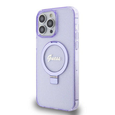 Apple iPhone 15 Pro Max Kılıf Guess Orjinal Lisanslı Magsafe Şarj Özellikli Simli Arka Yüzey Ring Standlı Kapak Pembe