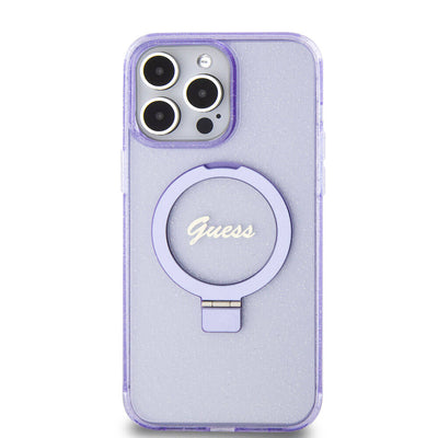 Apple iPhone 15 Pro Max Kılıf Guess Orjinal Lisanslı Magsafe Şarj Özellikli Simli Arka Yüzey Ring Standlı Kapak Mor