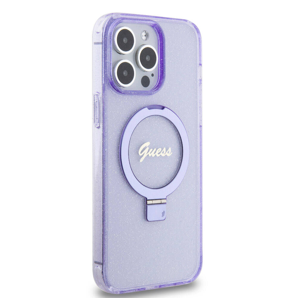 iPhone 15 Pro Max Kılıf Guess Orjinal Lisanslı M-safe Şarj Özellikli Simli Arka Yüzey Ring Standlı Kılıf
