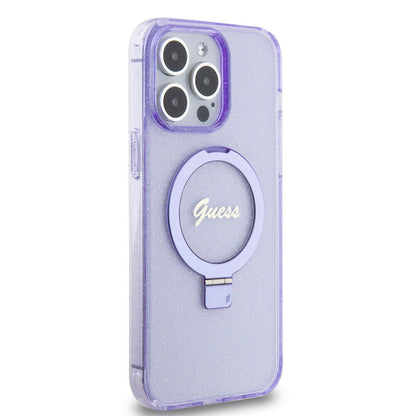 iPhone 15 Pro Max Kılıf Guess Orjinal Lisanslı M-safe Şarj Özellikli Simli Arka Yüzey Ring Standlı Kılıf