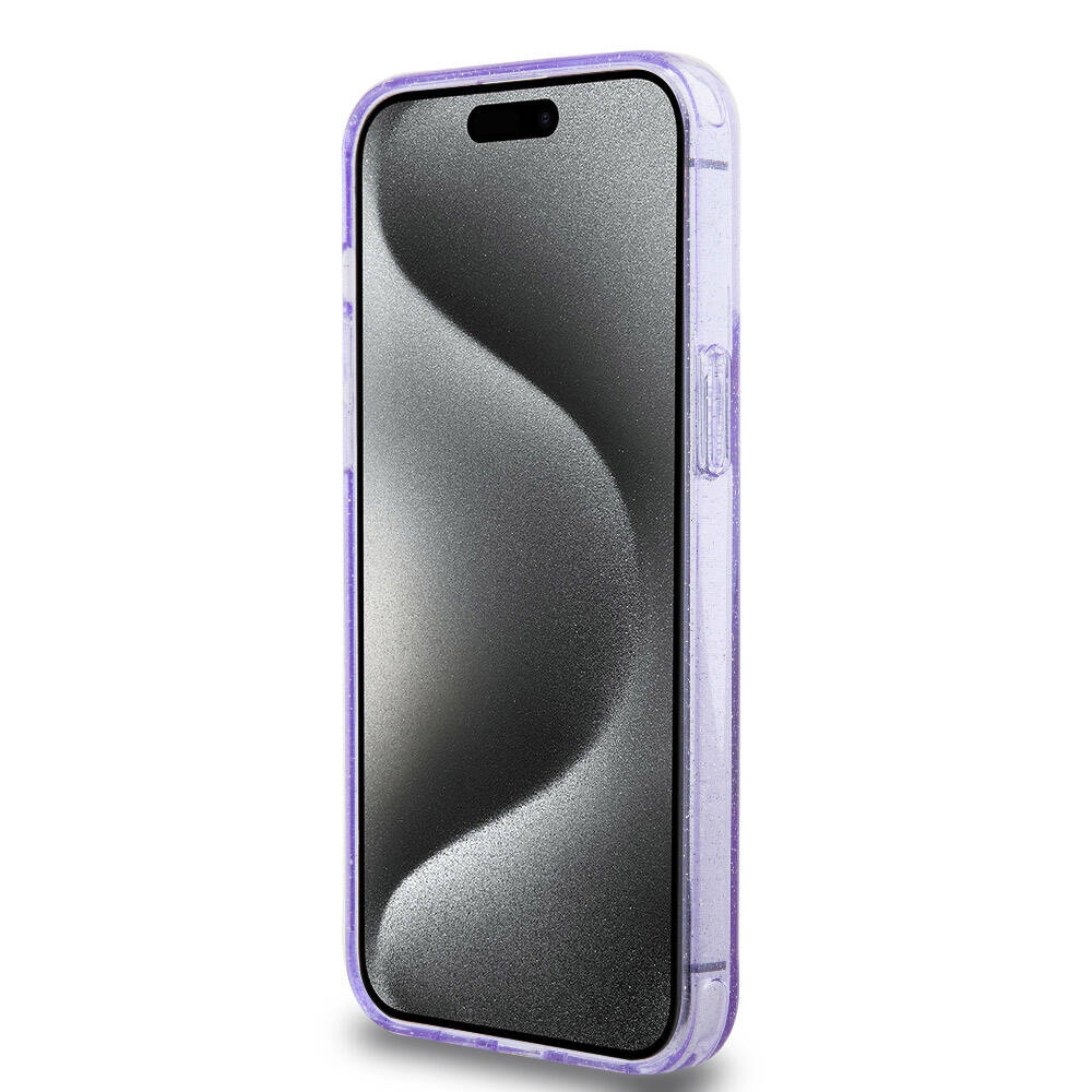 Apple iPhone 15 Pro Max Kılıf Guess Orjinal Lisanslı Magsafe Şarj Özellikli Simli Arka Yüzey Ring Standlı Kapak Mor