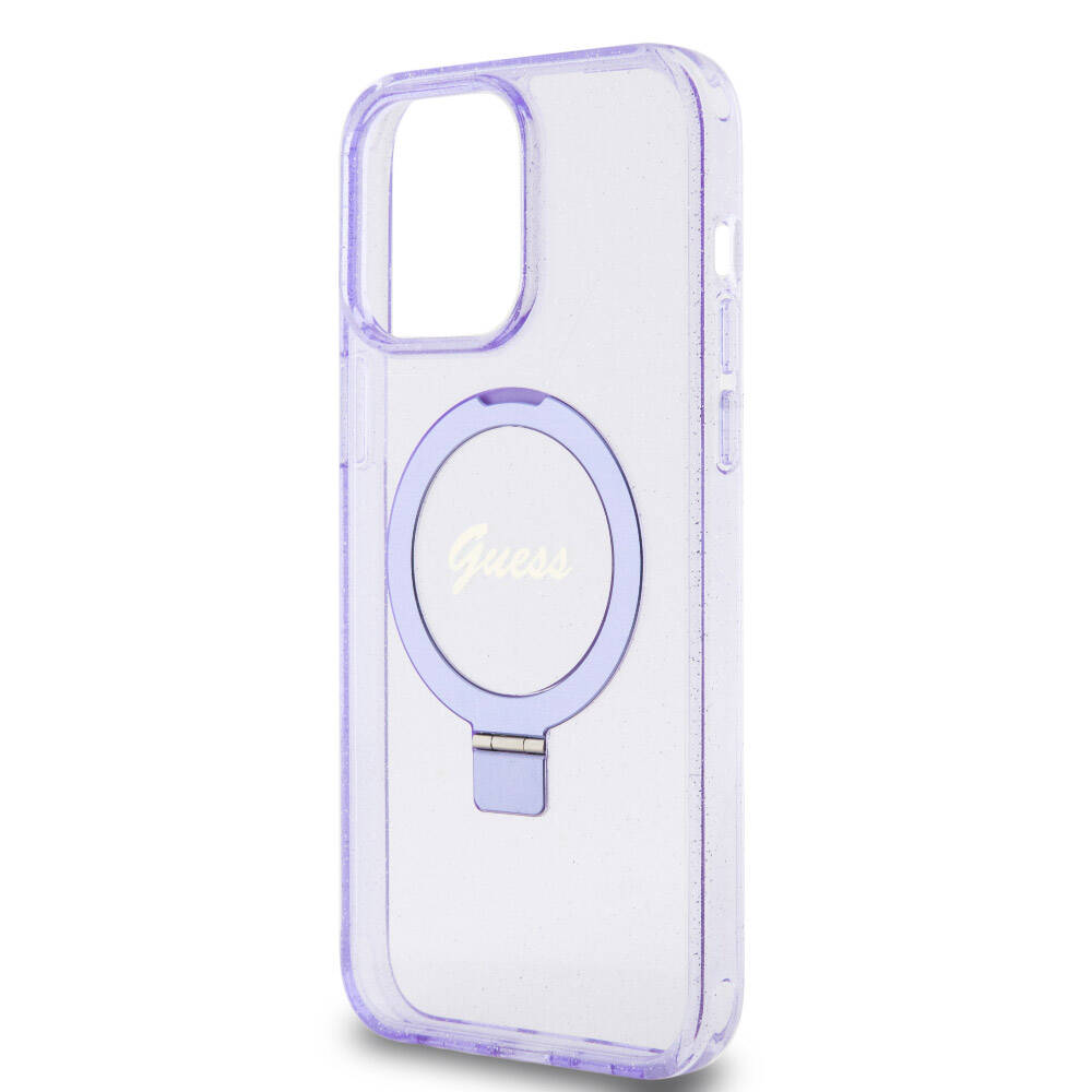 Apple iPhone 15 Pro Max Kılıf Guess Orjinal Lisanslı Magsafe Şarj Özellikli Simli Arka Yüzey Ring Standlı Kapak Mor