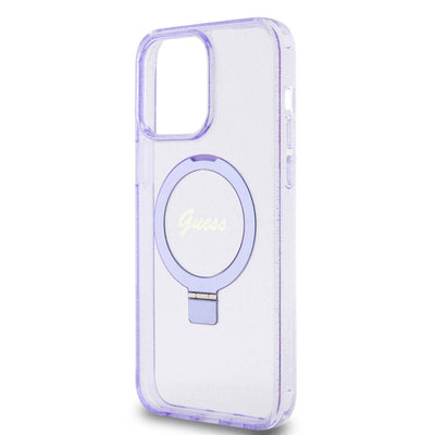 Apple iPhone 15 Pro Max Kılıf Guess Orjinal Lisanslı Magsafe Şarj Özellikli Simli Arka Yüzey Ring Standlı Kapak Pembe