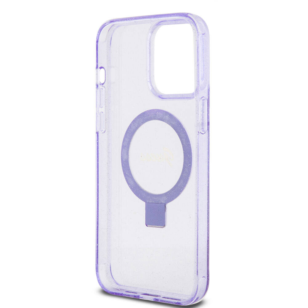 Apple iPhone 15 Pro Max Kılıf Guess Orjinal Lisanslı Magsafe Şarj Özellikli Simli Arka Yüzey Ring Standlı Kapak Pembe
