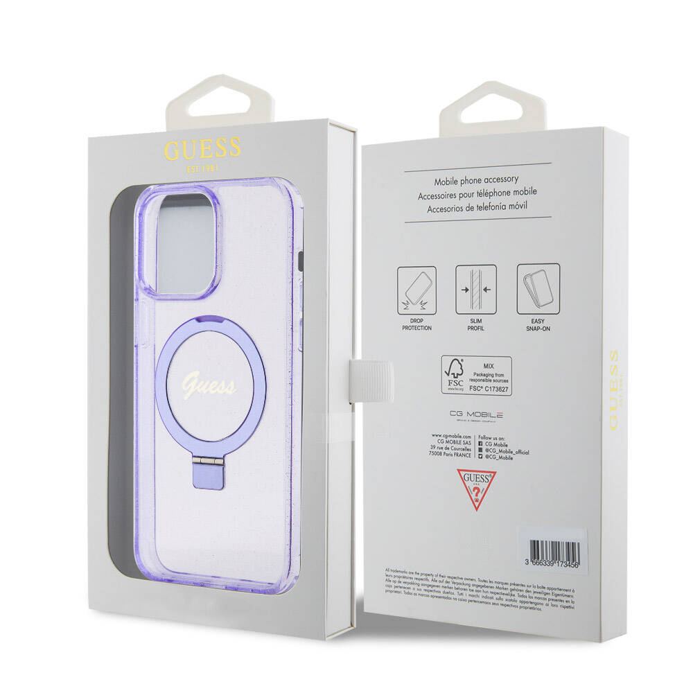 Apple iPhone 15 Pro Max Kılıf Guess Orjinal Lisanslı Magsafe Şarj Özellikli Simli Arka Yüzey Ring Standlı Kapak Pembe