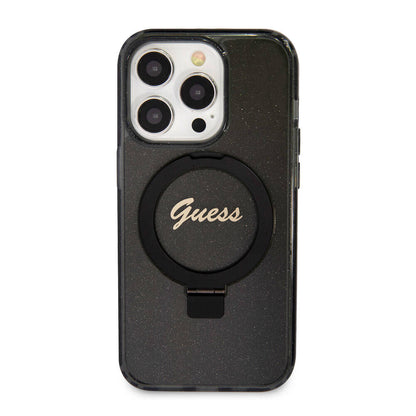iPhone 15 Pro Max Kılıf Guess Orjinal Lisanslı M-safe Şarj Özellikli Simli Arka Yüzey Ring Standlı Kılıf