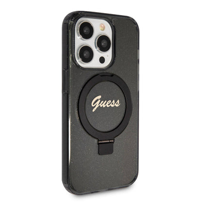 iPhone 15 Pro Max Kılıf Guess Orjinal Lisanslı M-safe Şarj Özellikli Simli Arka Yüzey Ring Standlı Kılıf