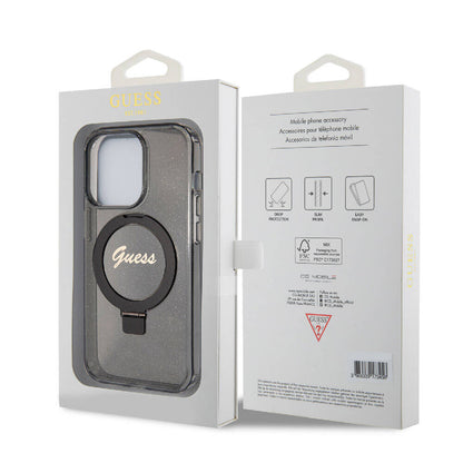 iPhone 15 Pro Max Kılıf Guess Orjinal Lisanslı M-safe Şarj Özellikli Simli Arka Yüzey Ring Standlı Kılıf