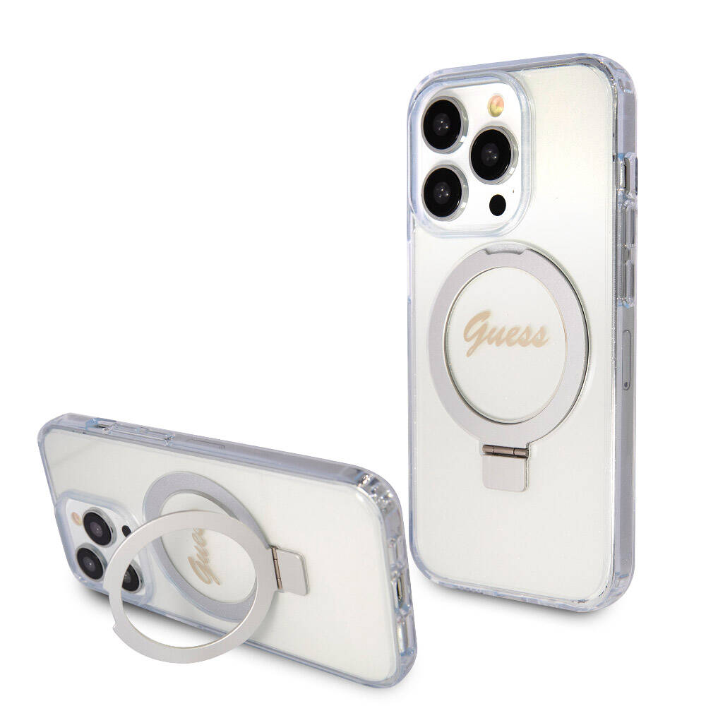 iPhone 15 Pro Max Kılıf Guess Orjinal Lisanslı M-safe Şarj Özellikli Simli Arka Yüzey Ring Standlı Kılıf