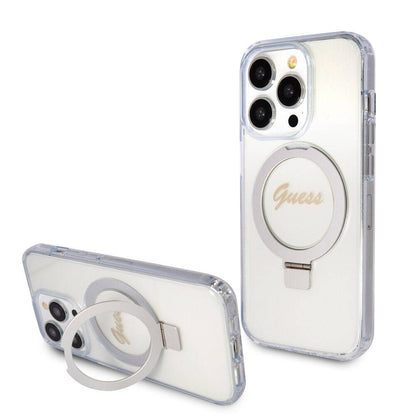 iPhone 15 Pro Max Kılıf Guess Orjinal Lisanslı M-safe Şarj Özellikli Simli Arka Yüzey Ring Standlı Kılıf