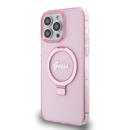 iPhone 15 Pro Max Kılıf Guess Orjinal Lisanslı M-safe Şarj Özellikli Simli Arka Yüzey Ring Standlı Kılıf