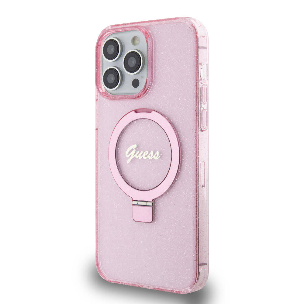 Apple iPhone 15 Pro Max Kılıf Guess Orjinal Lisanslı Magsafe Şarj Özellikli Simli Arka Yüzey Ring Standlı Kapak Pembe