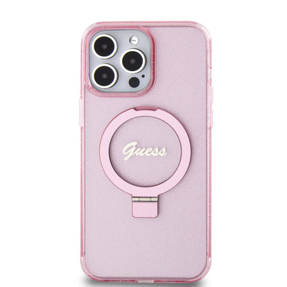 iPhone 15 Pro Max Kılıf Guess Orjinal Lisanslı M-safe Şarj Özellikli Simli Arka Yüzey Ring Standlı Kılıf