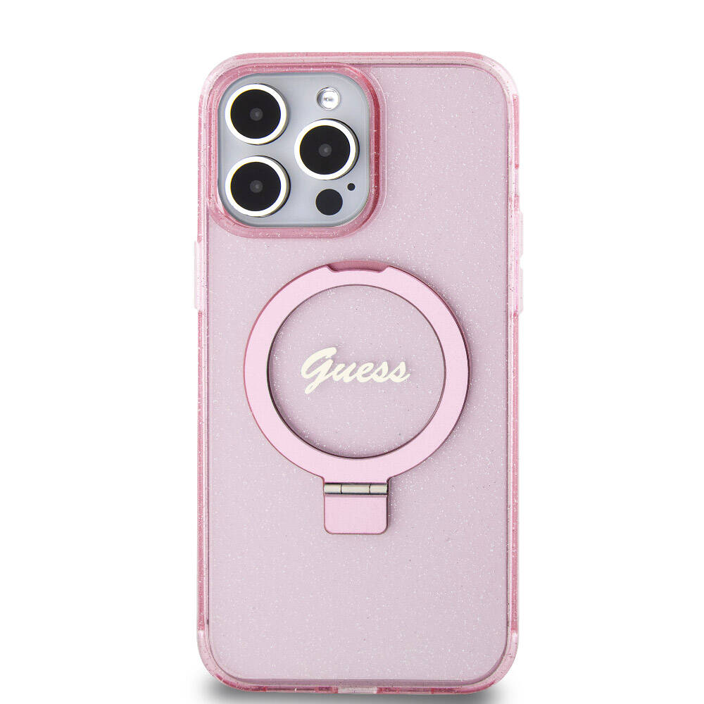 Apple iPhone 15 Pro Max Kılıf Guess Orjinal Lisanslı Magsafe Şarj Özellikli Simli Arka Yüzey Ring Standlı Kapak Pembe