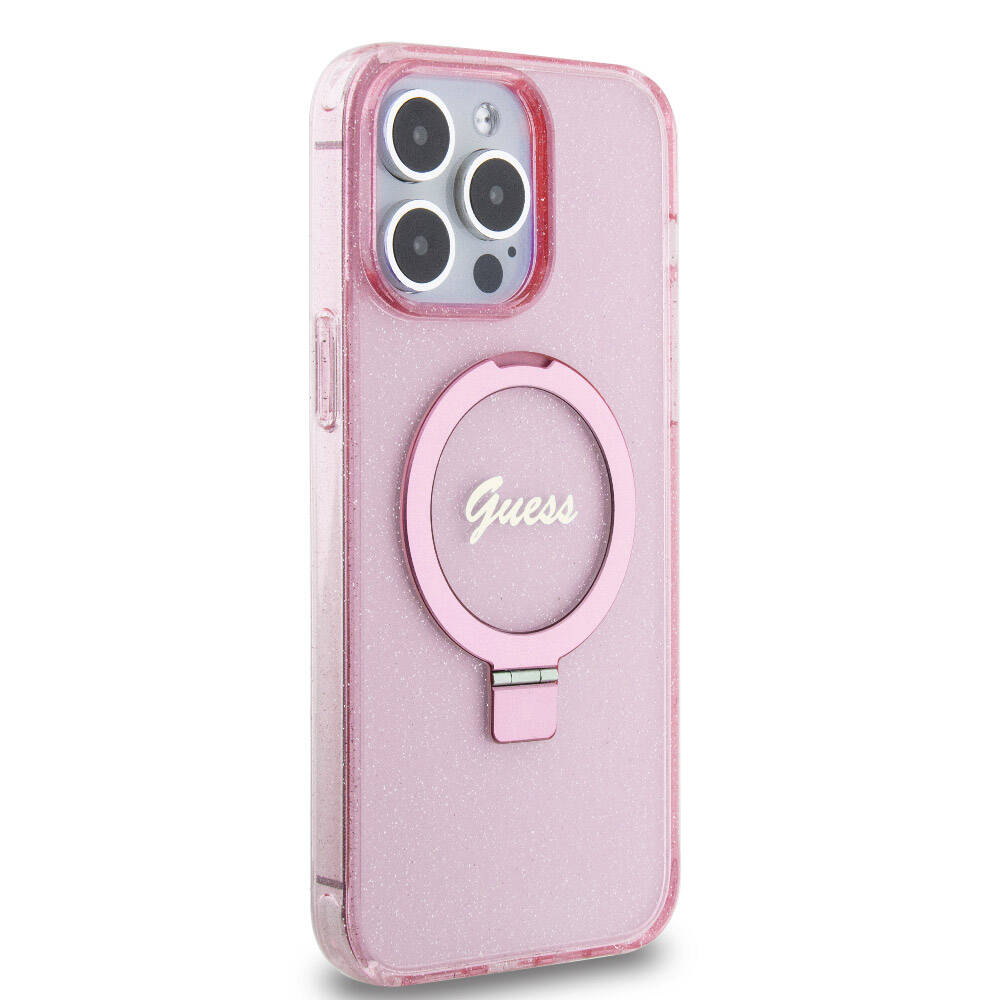 iPhone 15 Pro Max Kılıf Guess Orjinal Lisanslı M-safe Şarj Özellikli Simli Arka Yüzey Ring Standlı Kılıf
