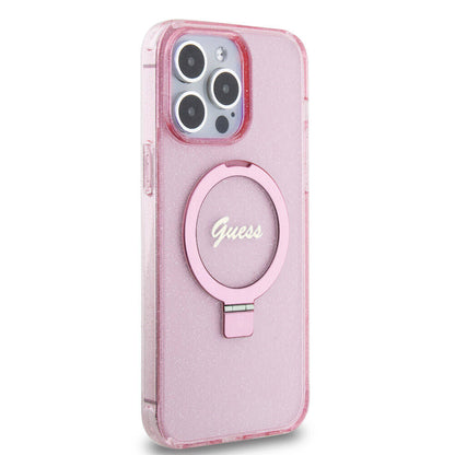 iPhone 15 Pro Max Kılıf Guess Orjinal Lisanslı M-safe Şarj Özellikli Simli Arka Yüzey Ring Standlı Kılıf