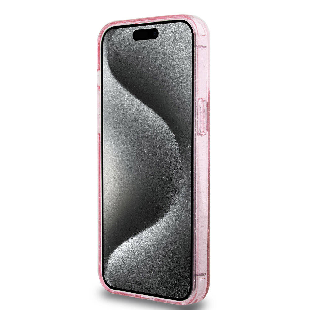 Apple iPhone 15 Pro Max Kılıf Guess Orjinal Lisanslı Magsafe Şarj Özellikli Simli Arka Yüzey Ring Standlı Kapak Mor