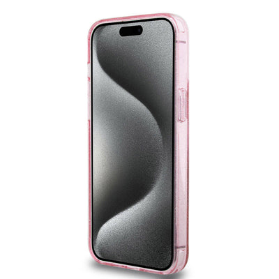 Apple iPhone 15 Pro Max Kılıf Guess Orjinal Lisanslı Magsafe Şarj Özellikli Simli Arka Yüzey Ring Standlı Kapak Pembe