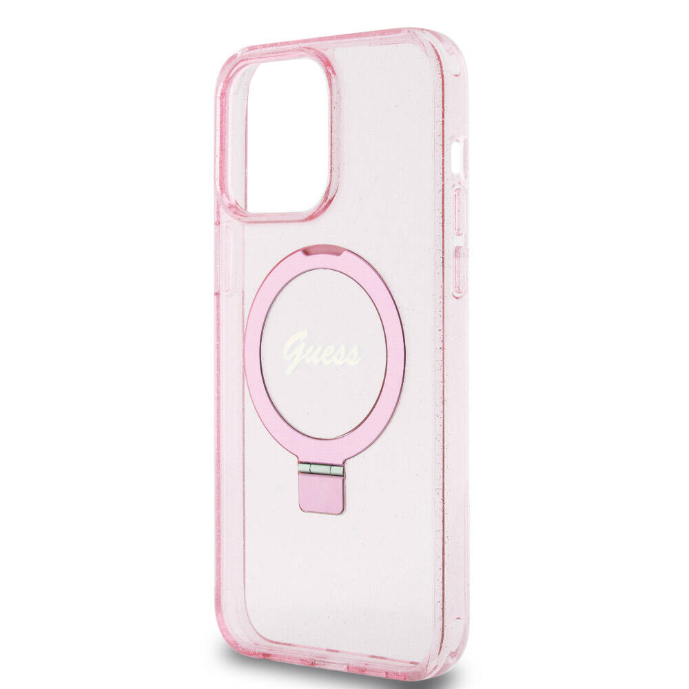 iPhone 15 Pro Max Kılıf Guess Orjinal Lisanslı M-safe Şarj Özellikli Simli Arka Yüzey Ring Standlı Kılıf