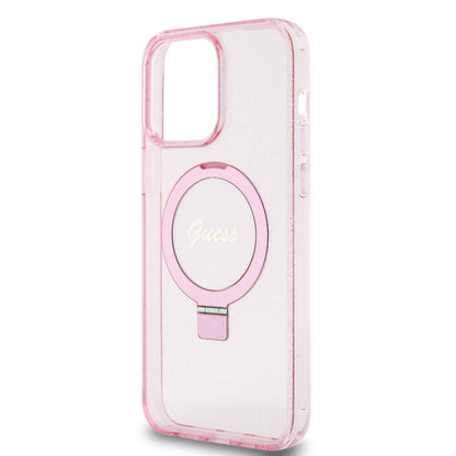 iPhone 15 Pro Max Kılıf Guess Orjinal Lisanslı M-safe Şarj Özellikli Simli Arka Yüzey Ring Standlı Kılıf