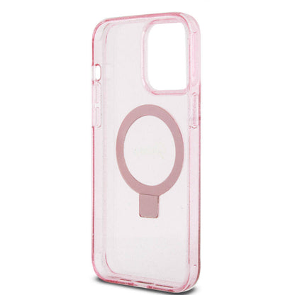 iPhone 15 Pro Max Kılıf Guess Orjinal Lisanslı M-safe Şarj Özellikli Simli Arka Yüzey Ring Standlı Kılıf