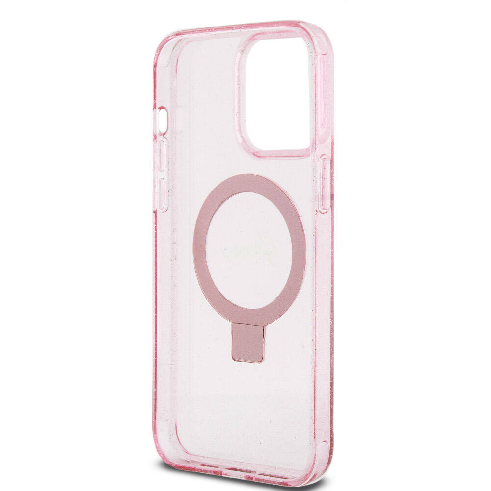 Apple iPhone 15 Pro Max Kılıf Guess Orjinal Lisanslı Magsafe Şarj Özellikli Simli Arka Yüzey Ring Standlı Kapak Pembe