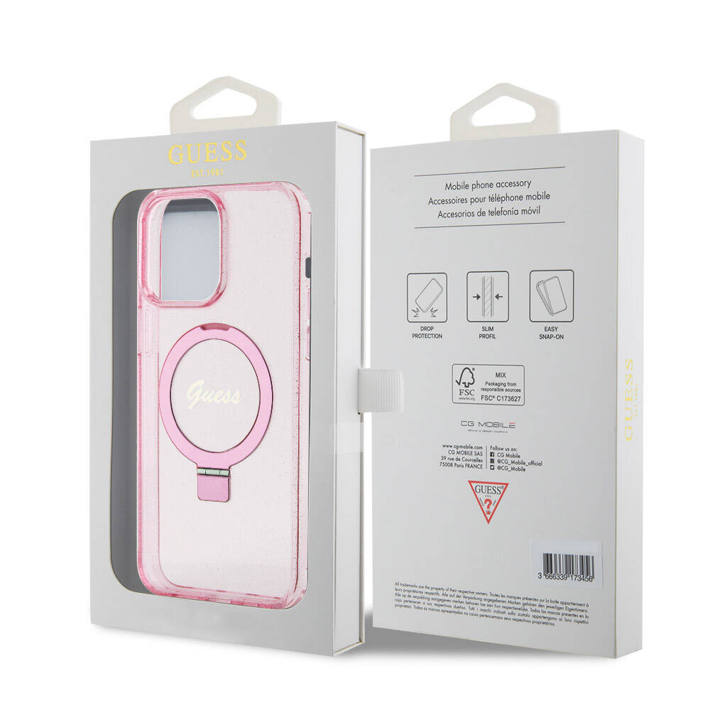 Apple iPhone 15 Pro Max Kılıf Guess Orjinal Lisanslı Magsafe Şarj Özellikli Simli Arka Yüzey Ring Standlı Kapak Pembe