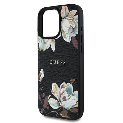 Apple iPhone 15 Pro Max Kılıf Guess Orjinal Lisanslı M-safe Şarj Özellikli Taneli Çiçek Tasarımlı Metal Yazı Logolu Kapak Kırmızı