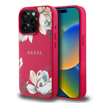 iPhone 15 Pro Max Kılıf Guess Orjinal Lisanslı M-safe Şarj Özellikli Taneli Çiçek Tasarımlı Metal Yazı Logolu Kılıf