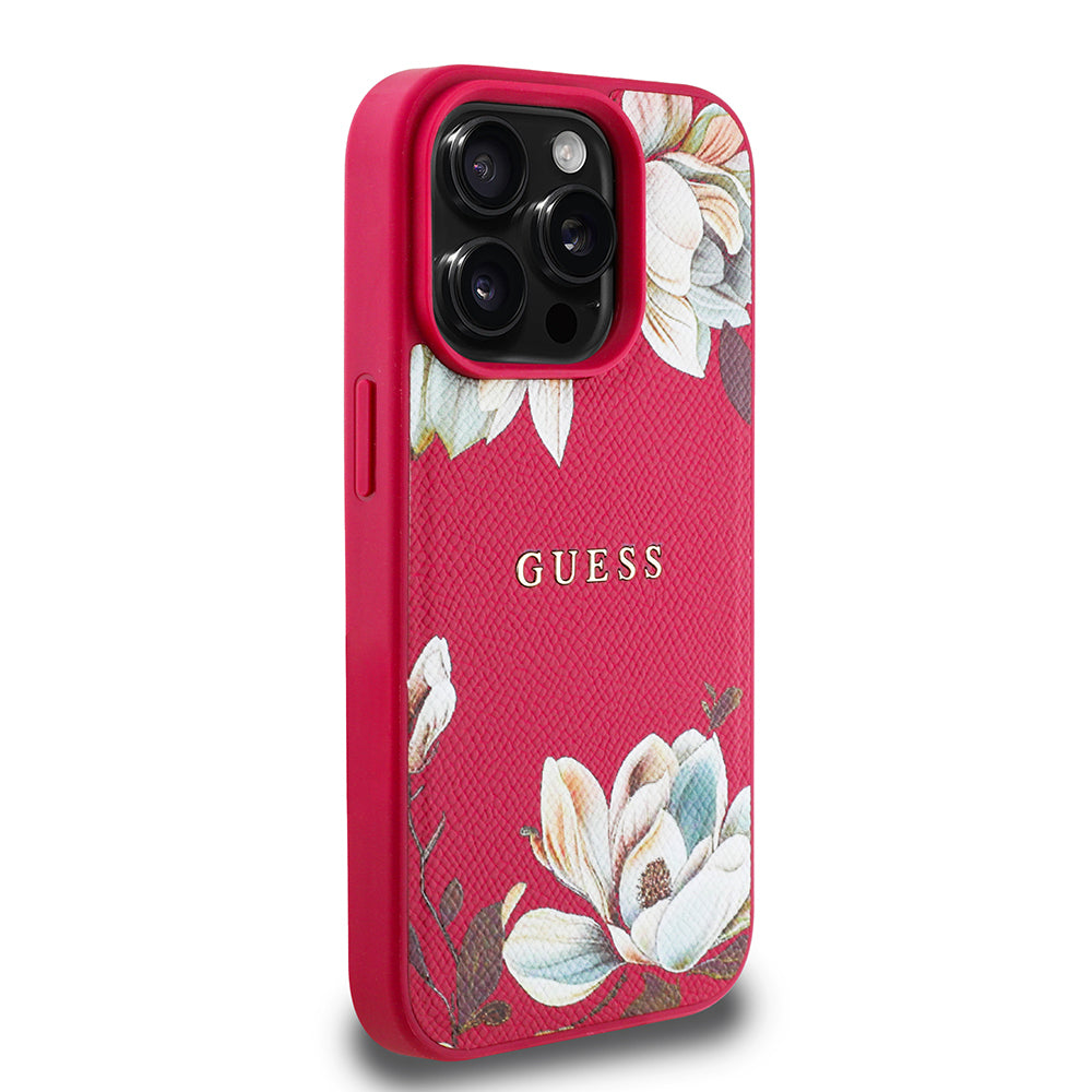 iPhone 15 Pro Max Kılıf Guess Orjinal Lisanslı M-safe Şarj Özellikli Taneli Çiçek Tasarımlı Metal Yazı Logolu Kılıf