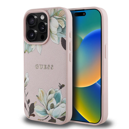 iPhone 15 Pro Max Kılıf Guess Orjinal Lisanslı M-safe Şarj Özellikli Taneli Çiçek Tasarımlı Metal Yazı Logolu Kılıf