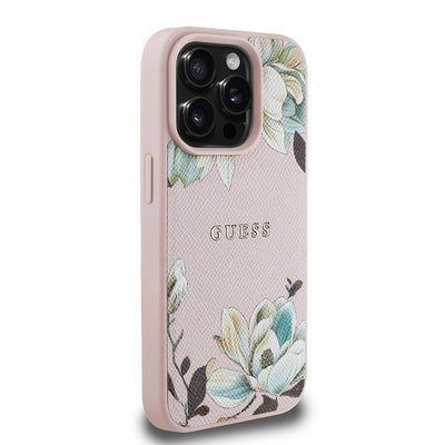 Apple iPhone 15 Pro Max Kılıf Guess Orjinal Lisanslı M-safe Şarj Özellikli Taneli Çiçek Tasarımlı Metal Yazı Logolu Kapak Siyah
