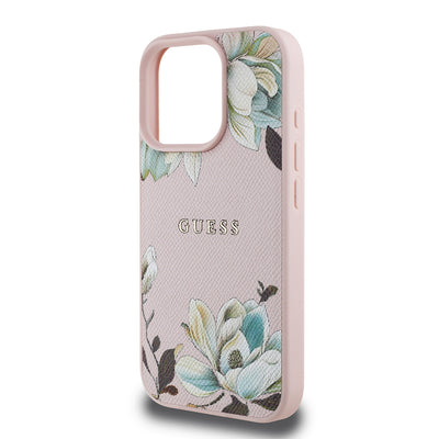 Apple iPhone 15 Pro Max Kılıf Guess Orjinal Lisanslı M-safe Şarj Özellikli Taneli Çiçek Tasarımlı Metal Yazı Logolu Kapak Siyah