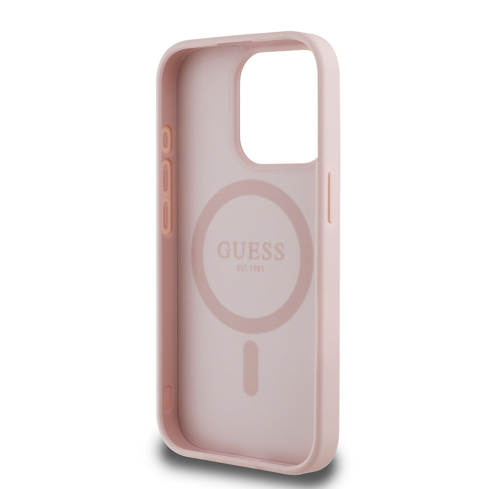 iPhone 15 Pro Max Kılıf Guess Orjinal Lisanslı M-safe Şarj Özellikli Taneli Çiçek Tasarımlı Metal Yazı Logolu Kılıf