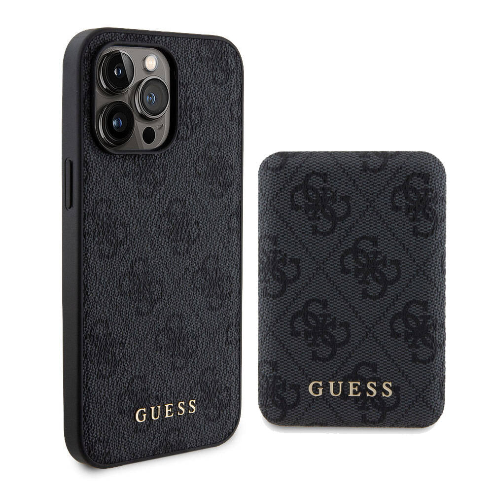 Apple iPhone 15 Pro Max Kılıf Guess Orjinal Lisanslı Magsafe Şarj Özellikli Yazı Logolu 4G Desenli Kapak + Powerbank 5000mAh 2in1 Set Kahverengi