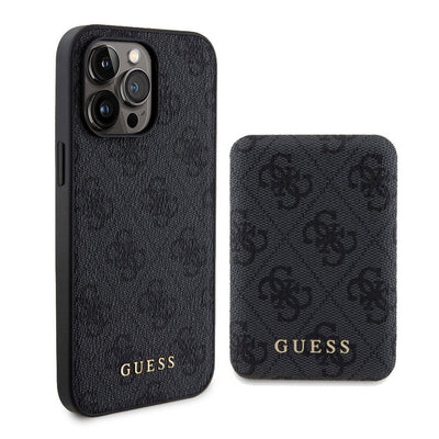 Apple iPhone 15 Pro Max Kılıf Guess Orjinal Lisanslı Magsafe Şarj Özellikli Yazı Logolu 4G Desenli Kapak + Powerbank 5000mAh 2in1 Set Kahverengi